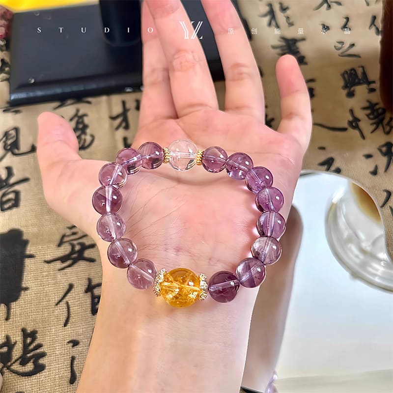 |Wealth| Career And Studies|Crazy Rich Natural Brazilian Amethyst Wisdom Stone and Yellow Crystal Wealth Stone Bracelet