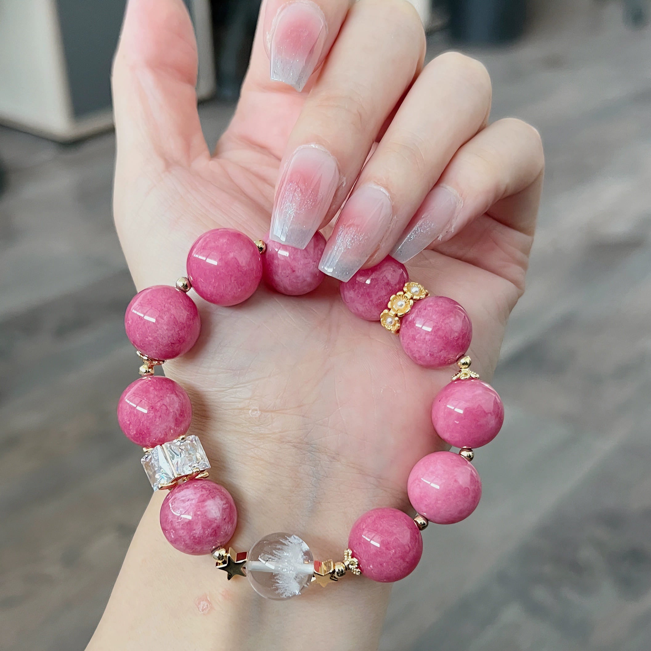|Love|Twin Flame Cuff – Natural Rose Quartz + Rose Charm for Soulmate Connections