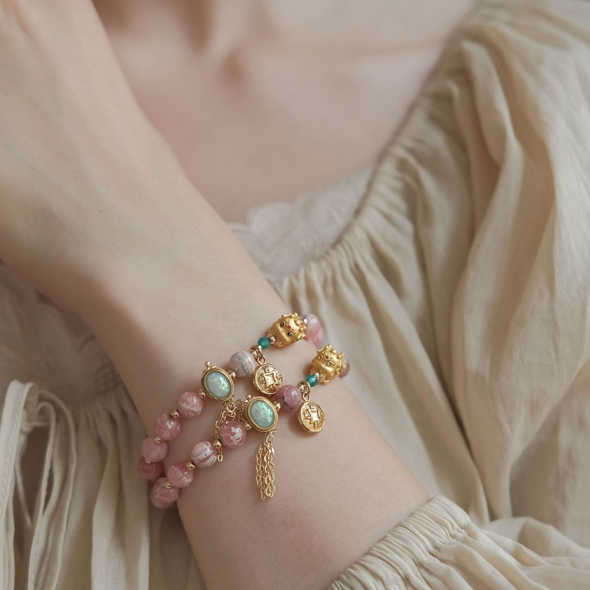 |Love|Wealth|Twin Blessings Bracelet – Rhodochrosite (Love) & Pi Yao (Wealth)