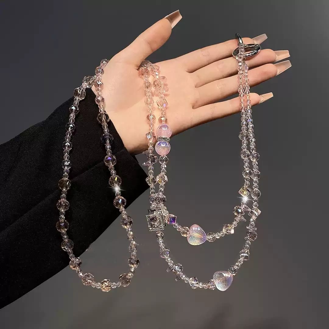 |Love|Career And Studies|Cute Two-Tone Crystal Phone Strap – Stylish Amethyst & Rose Quartz Beaded Shoulder Cord