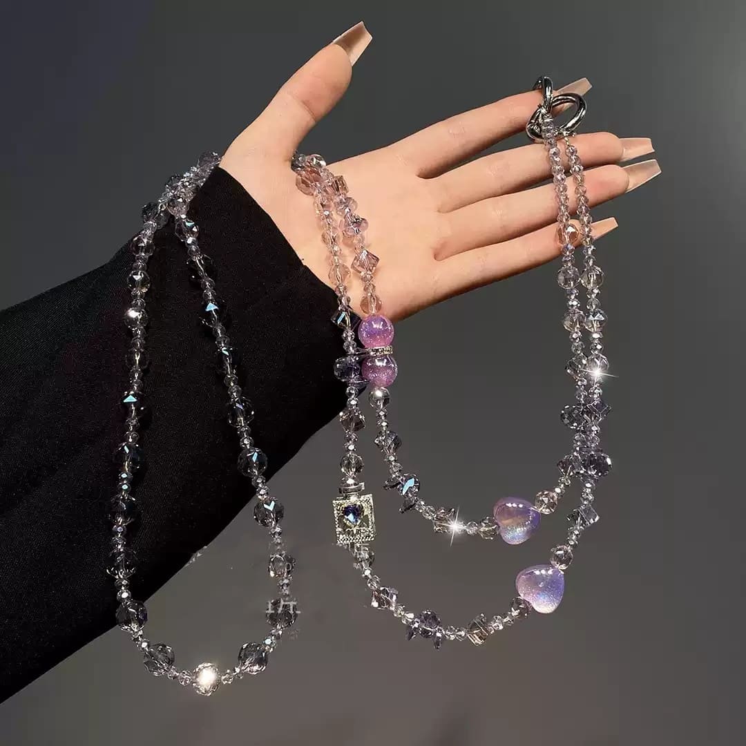 |Love|Career And Studies|Cute Two-Tone Crystal Phone Strap – Stylish Amethyst & Rose Quartz Beaded Shoulder Cord