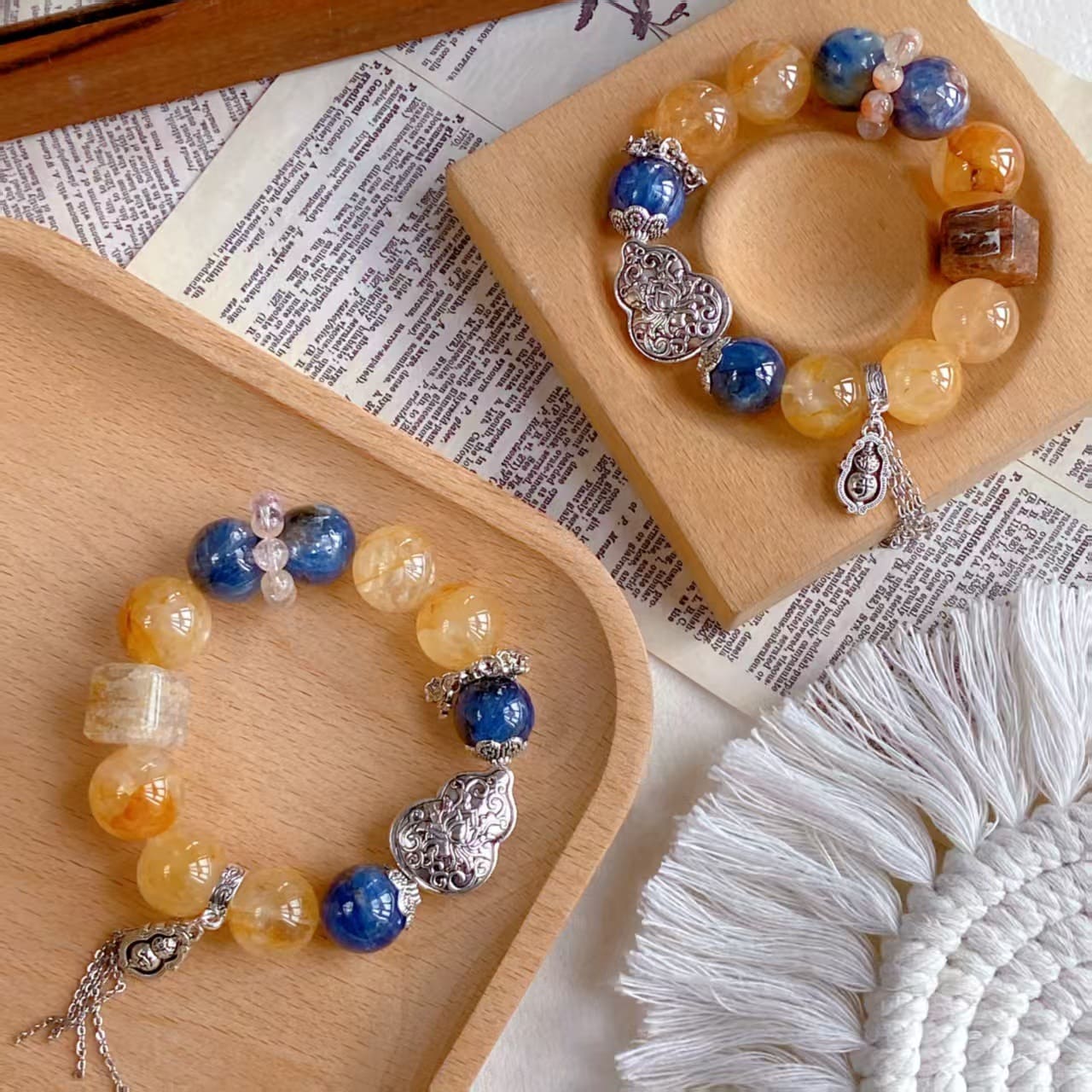 |Wealth|Health|Wealth & Wellness-Lucky Gourd Blue Crystal & Gold Gel-Flower Crystal Bracelet