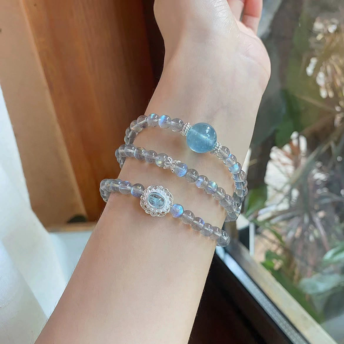 |Health|Career and Studies| Aura Balancing 3-Layer Bracelet – Natural Gray Moonstone & Aquamarine for Emotional Alchemy
