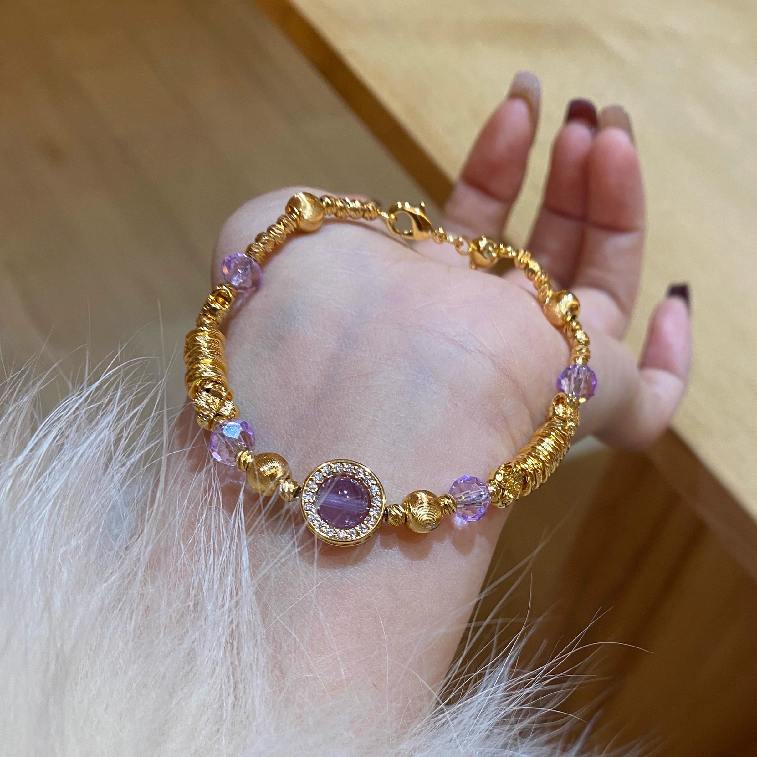 |Career And Study |Adjustable Amethyst & Gold-Plated Brass Bracelet – Wealth & Spiritual Clarity
