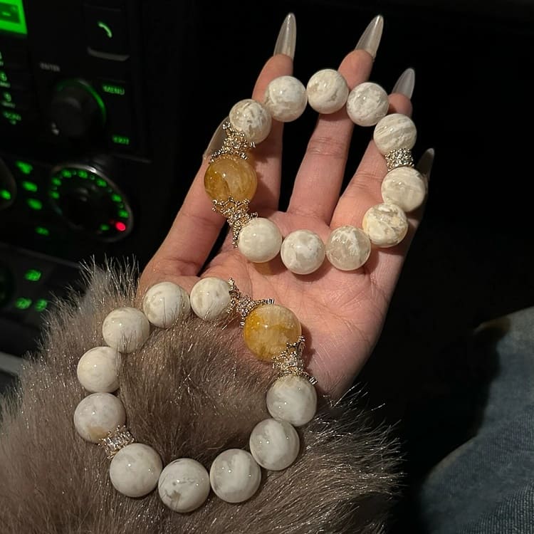 |Wealth|Mountain Treasure Cuff – Citrine Phantom + Snowflake Quartz for Abundance & Purification