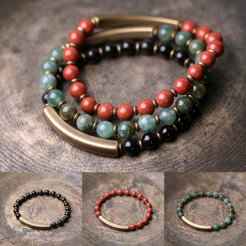|Unisex| Energy Shield & Vitality Bracelet – Black Obsidian, Red Jasper & Moss Agate for Protection & Renewal